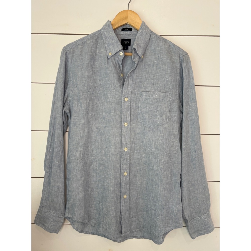 J.Crew Mens Slim Fit Linen Cotton Blend Button Down Shirt Blue Small Preppy